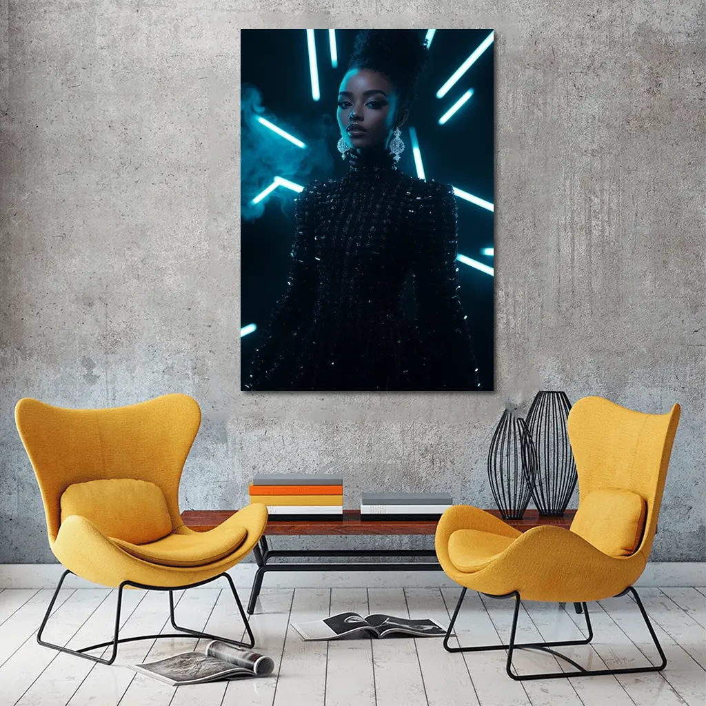 Black Sequin Dress Woman Neon Lights – Wall Art