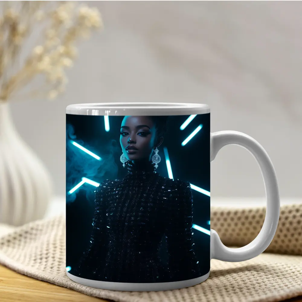 Black Sequin Dress Woman Neon Lights – Mugs