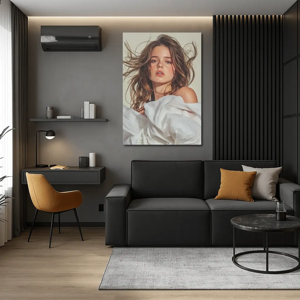 Young Woman White Fabric Flowing Hair Portrait – Wall Art