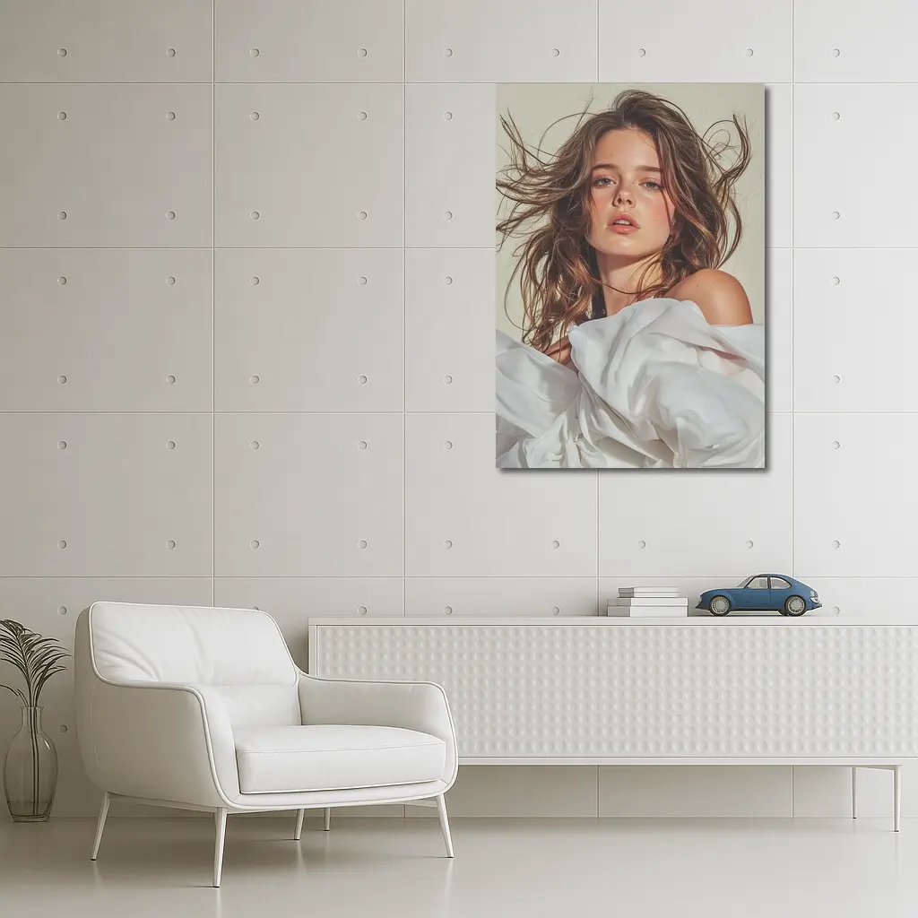 Young Woman White Fabric Flowing Hair Portrait – Wall Art