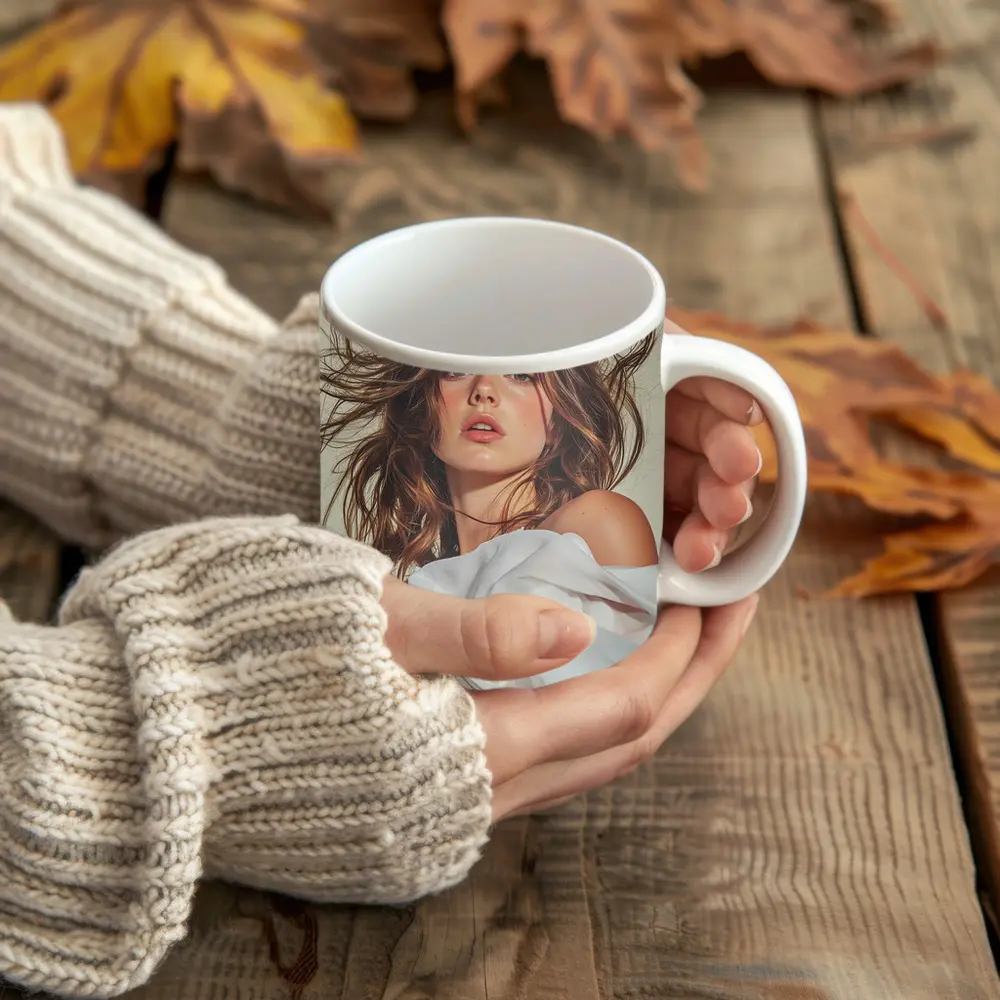 Young Woman White Fabric Flowing Hair Portrait – Mugs