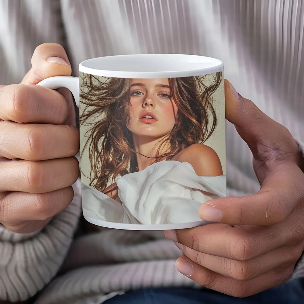 Young Woman White Fabric Flowing Hair Portrait – Mugs