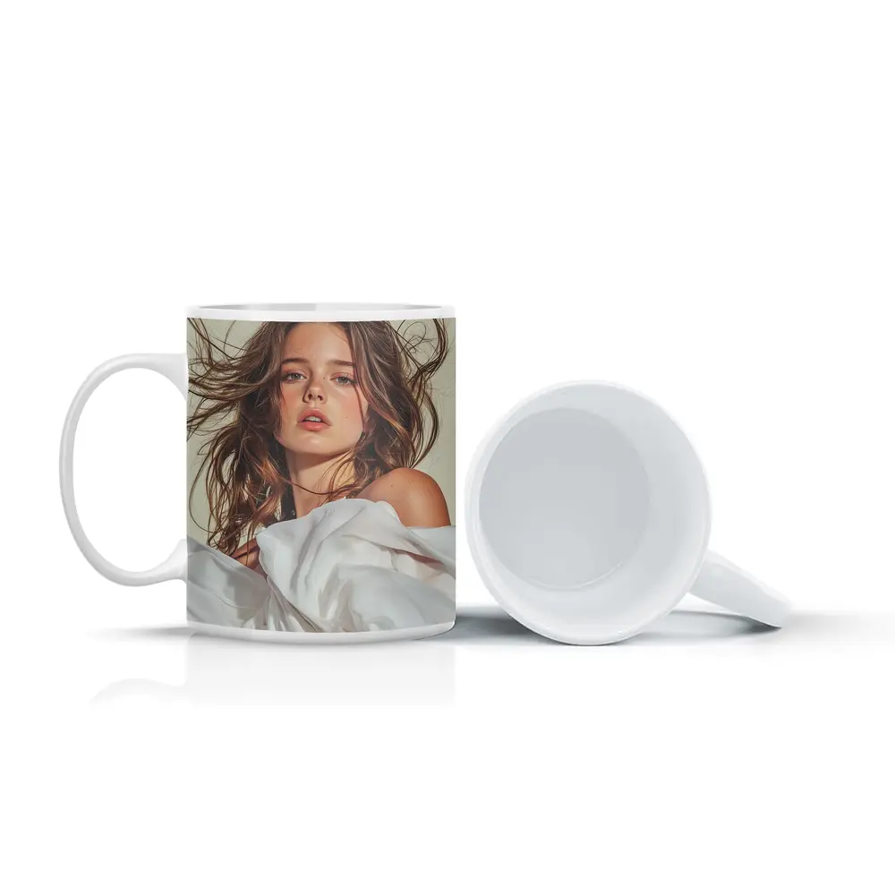 Young Woman White Fabric Flowing Hair Portrait – Mugs