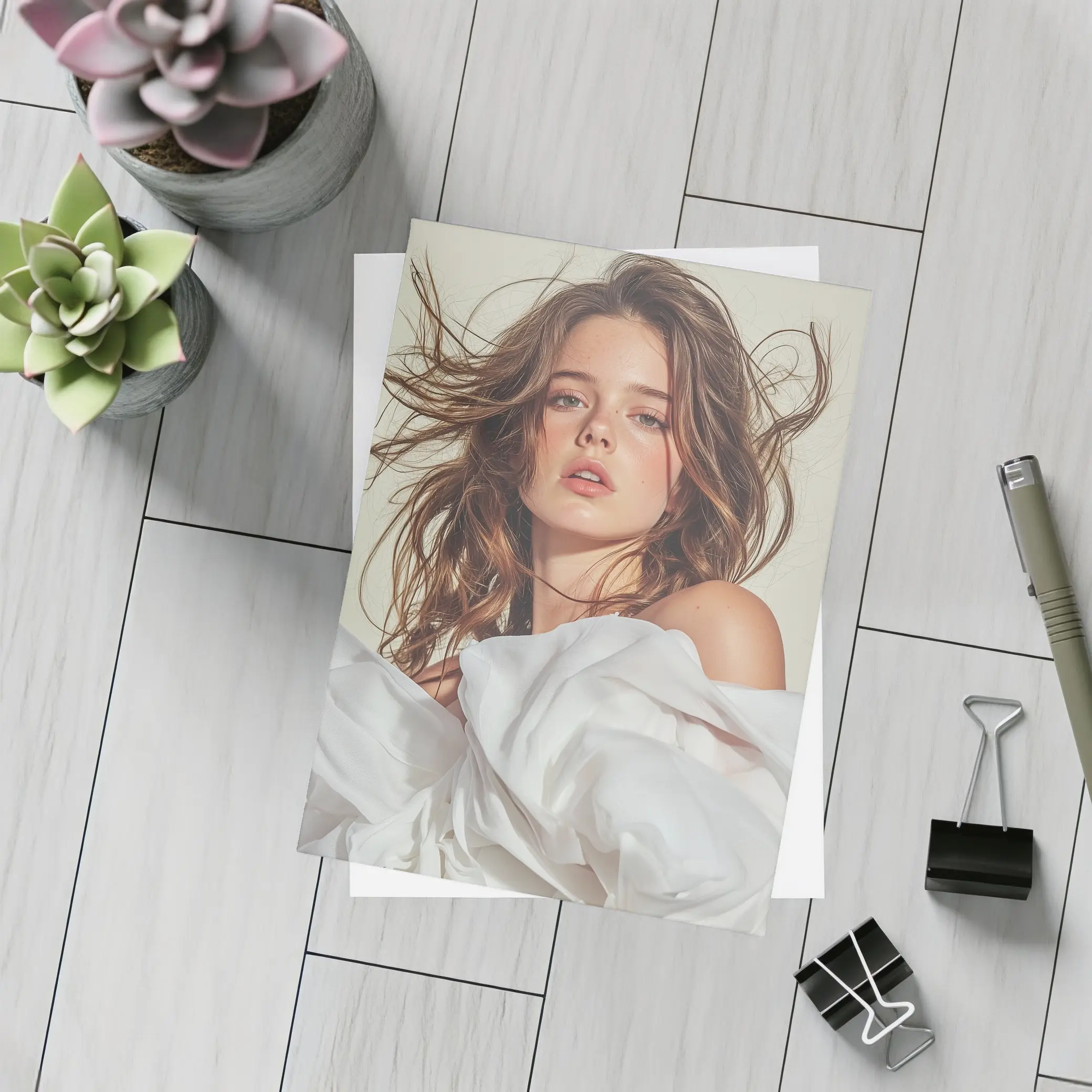 Young Woman White Fabric Flowing Hair Portrait – Postcards