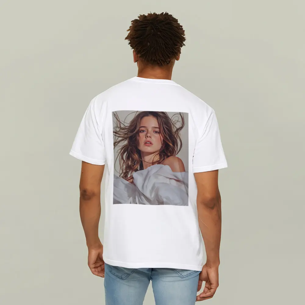 Young Woman White Fabric Flowing Hair Portrait – T-Shirts