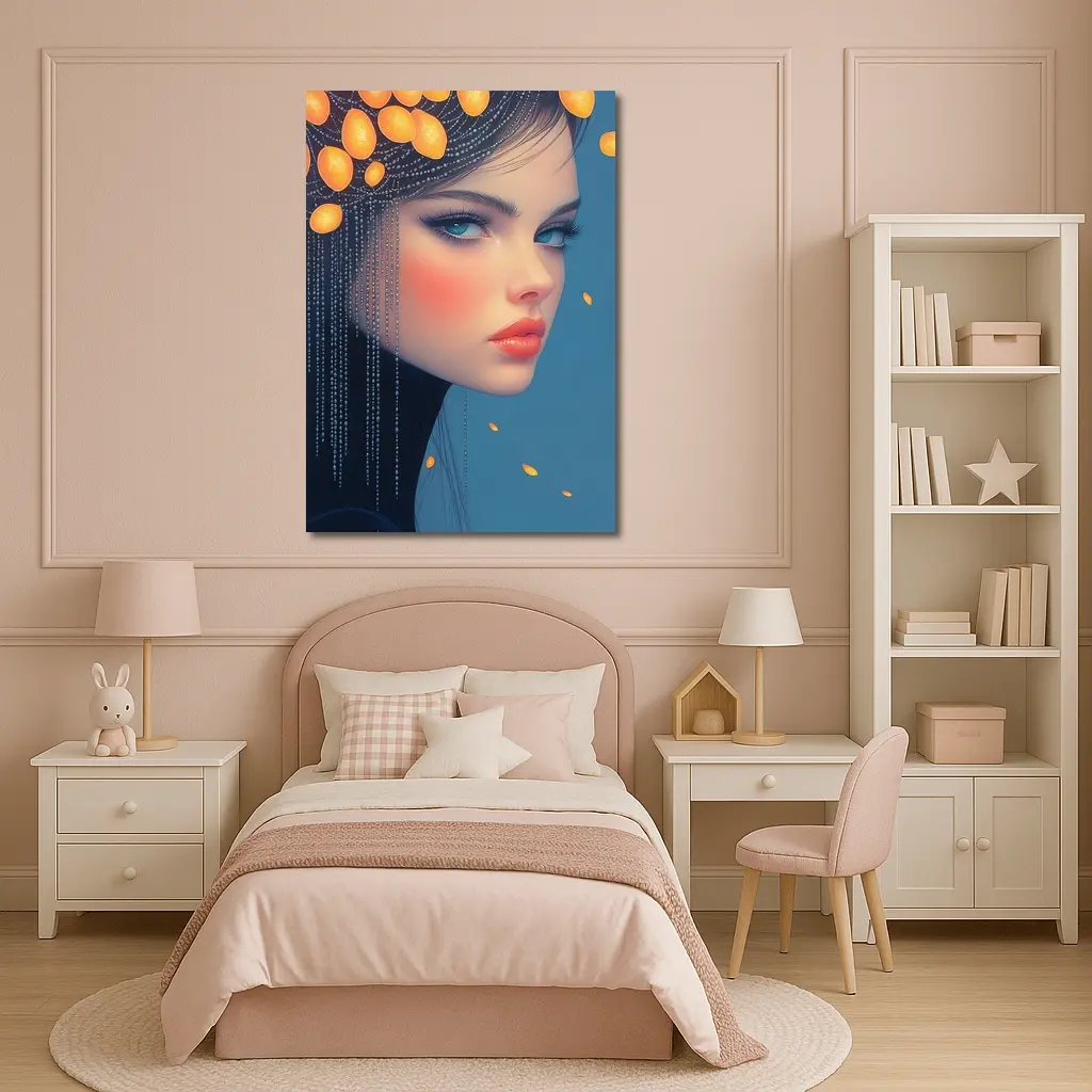 Woman Portrait Orange Fruits Blue Background – Wall Art