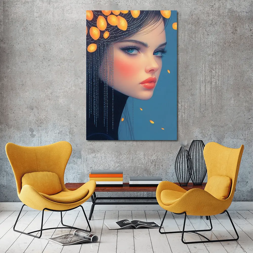 Woman Portrait Orange Fruits Blue Background – Wall Art