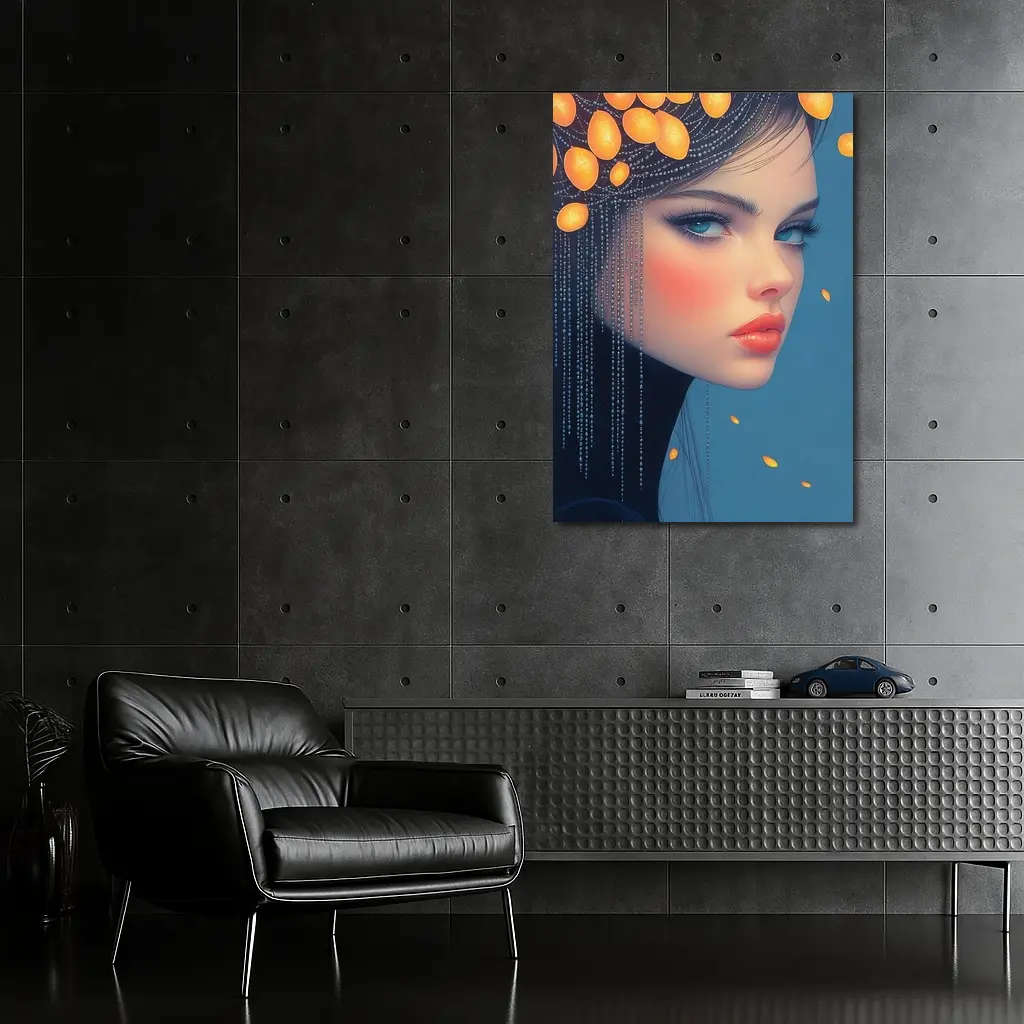 Woman Portrait Orange Fruits Blue Background – Wall Art