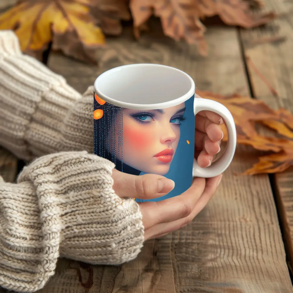Woman Portrait Orange Fruits Blue Background – Mugs