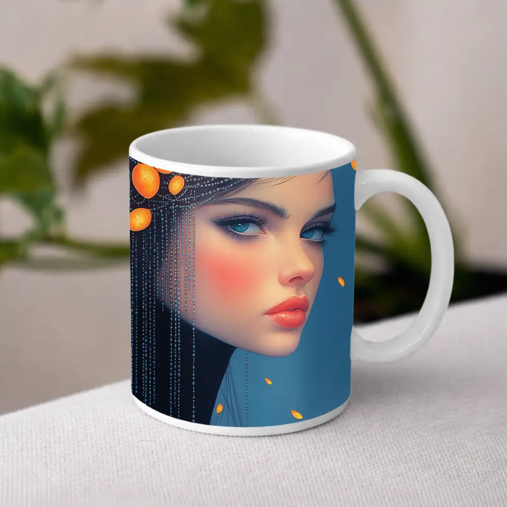 Woman Portrait Orange Fruits Blue Background – Mugs