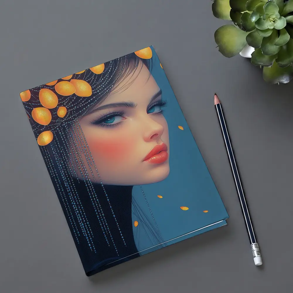 Woman Portrait Orange Fruits Blue Background – Notebooks