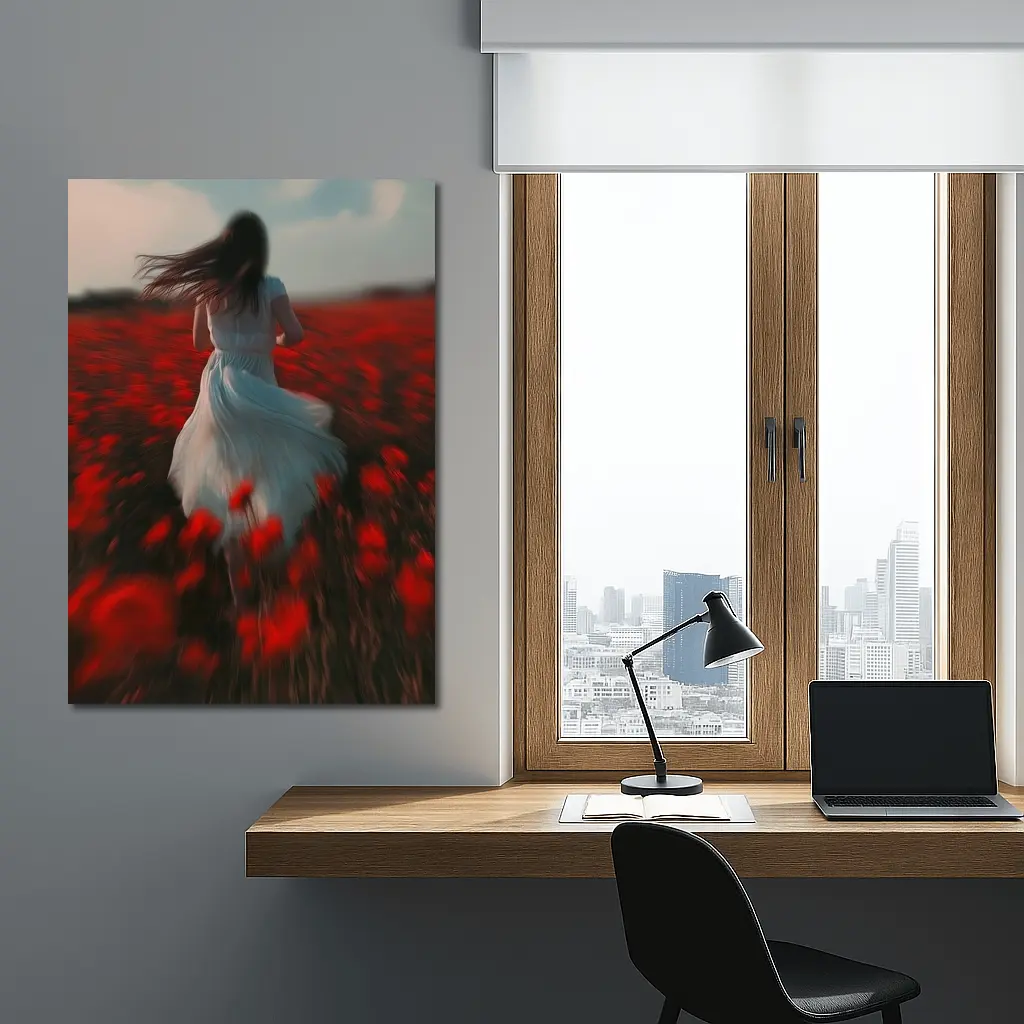 Woman Running Through Red Poppy Field – Wall Art