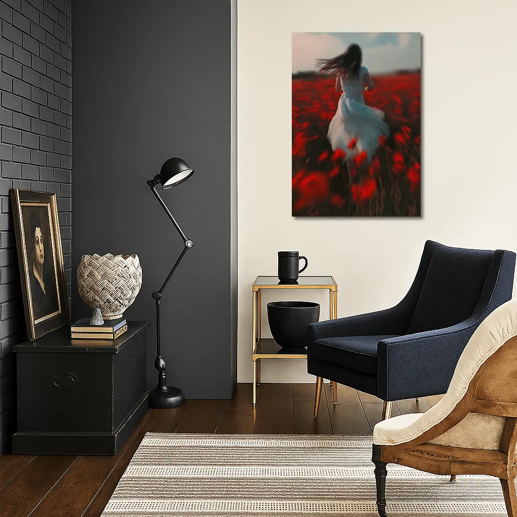 Woman Running Through Red Poppy Field – Wall Art