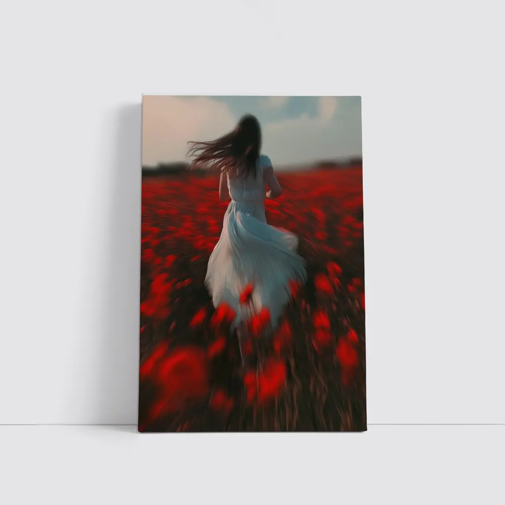 Woman Running Through Red Poppy Field – Wall Art