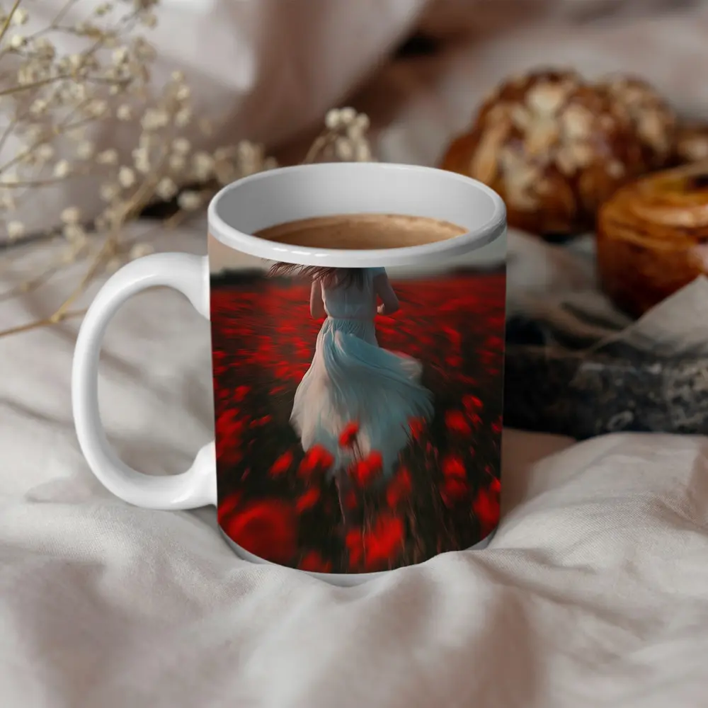 Woman Running Through Red Poppy Field – Mugs