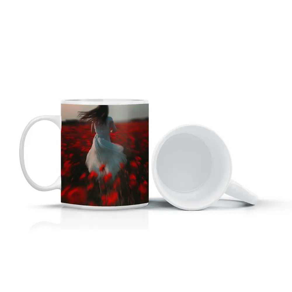 Woman Running Through Red Poppy Field – Mugs