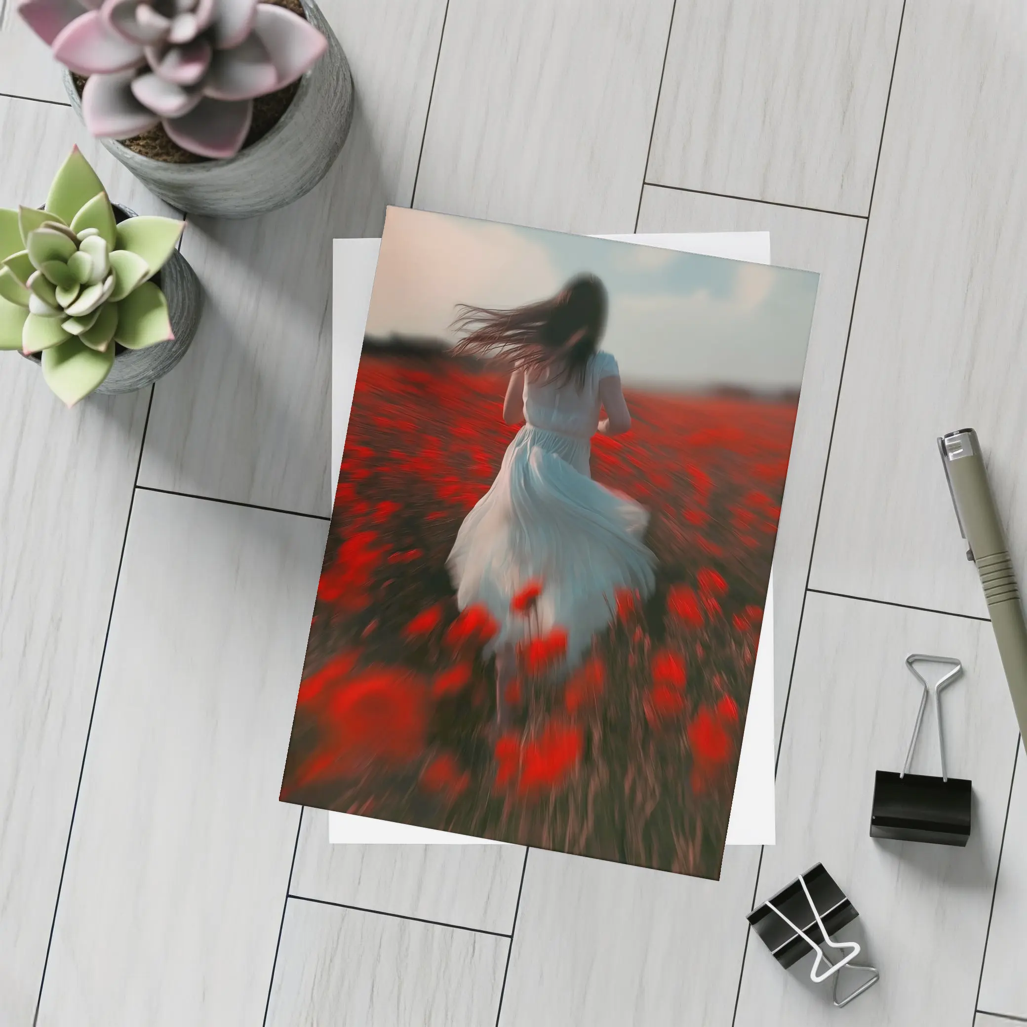 Woman Running Through Red Poppy Field – Postcards