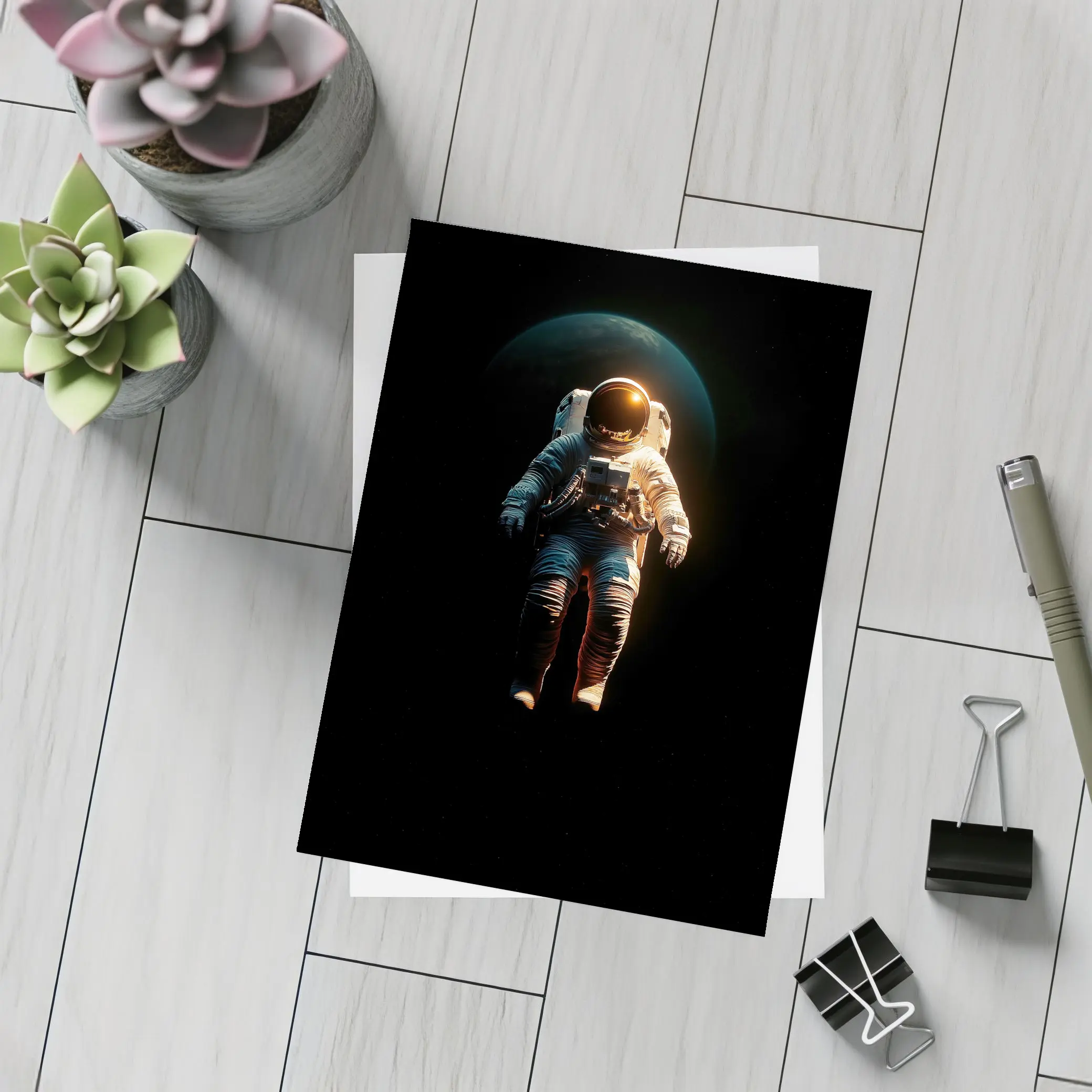 Astronaut Floating in Dark Space Earth – Postcards