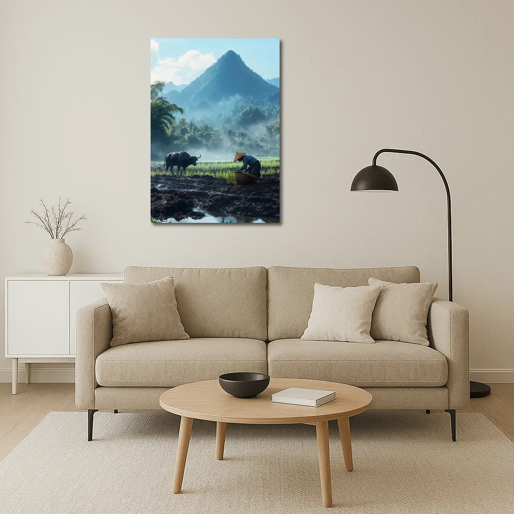 Farmer Working Rice Field Mountain Background – Wall Art