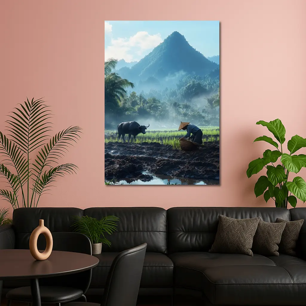 Farmer Working Rice Field Mountain Background – Wall Art