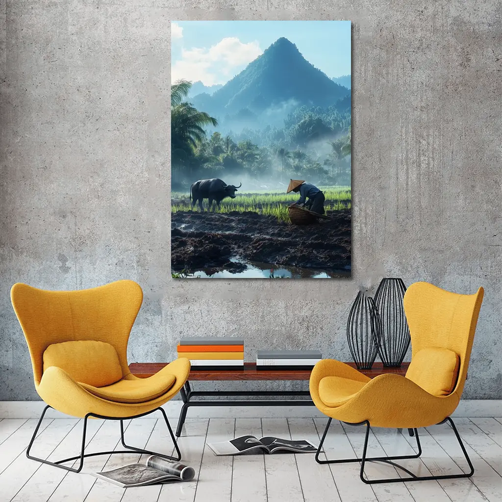 Farmer Working Rice Field Mountain Background – Wall Art