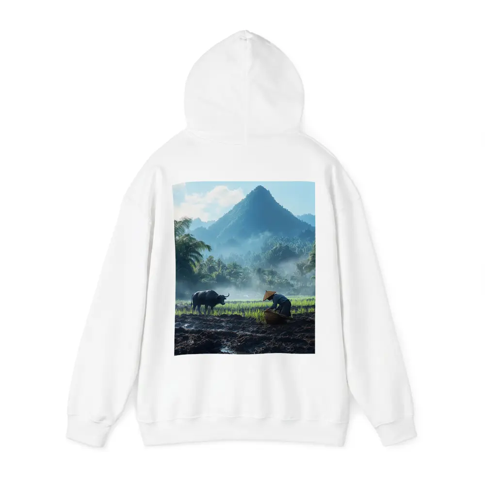 Farmer Working Rice Field Mountain Background – Hoodies