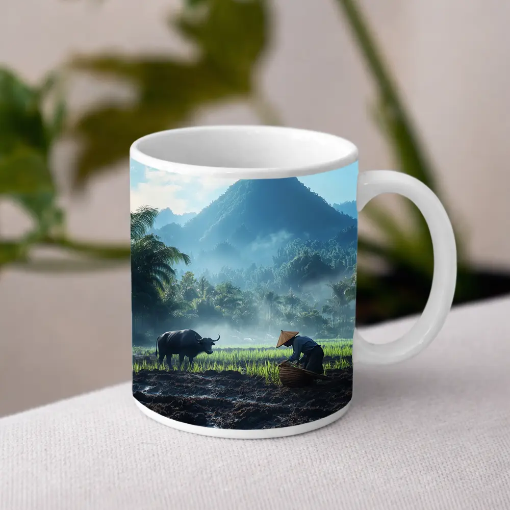 Farmer Working Rice Field Mountain Background – Mugs