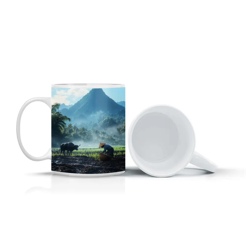 Farmer Working Rice Field Mountain Background – Mugs