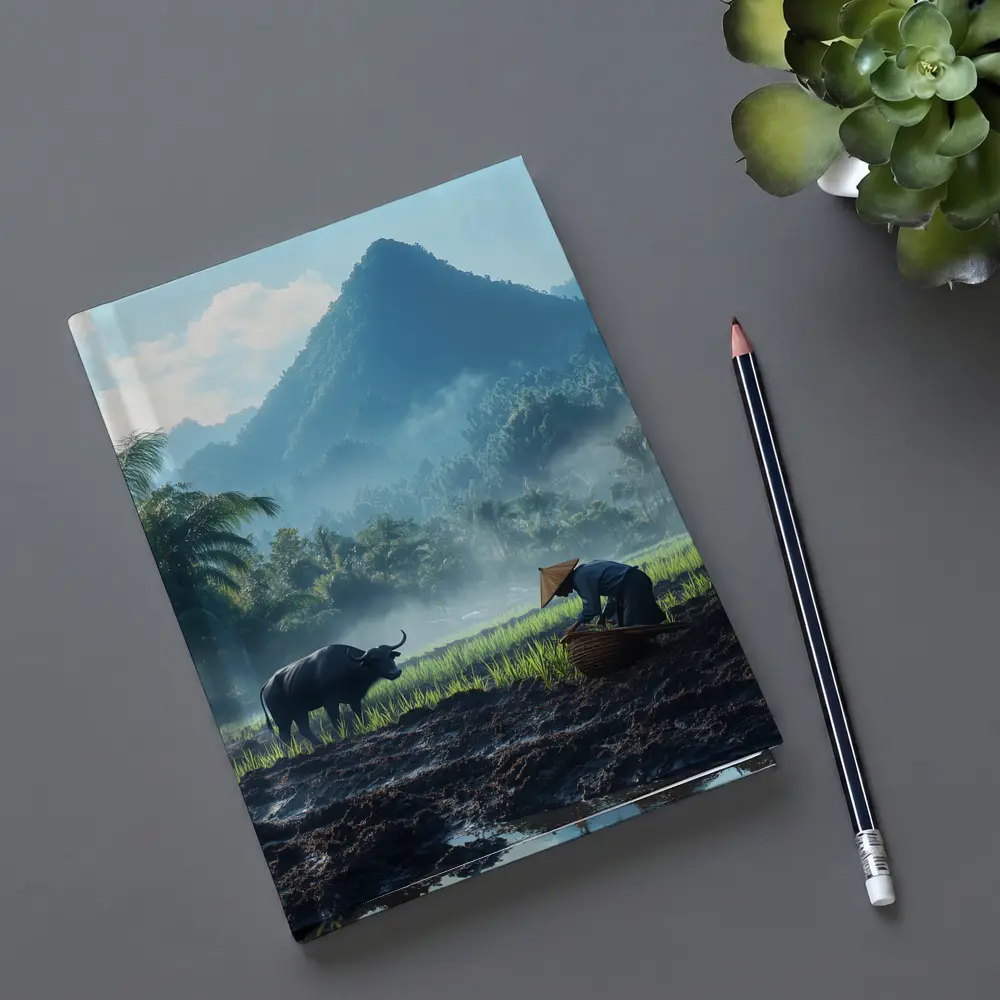 Farmer Working Rice Field Mountain Background – Notebooks