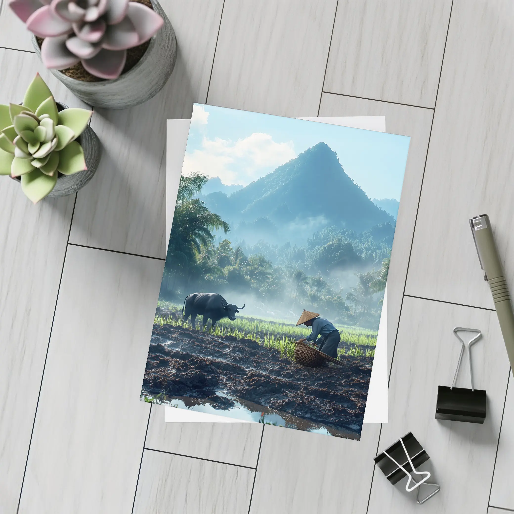 Farmer Working Rice Field Mountain Background – Postcards