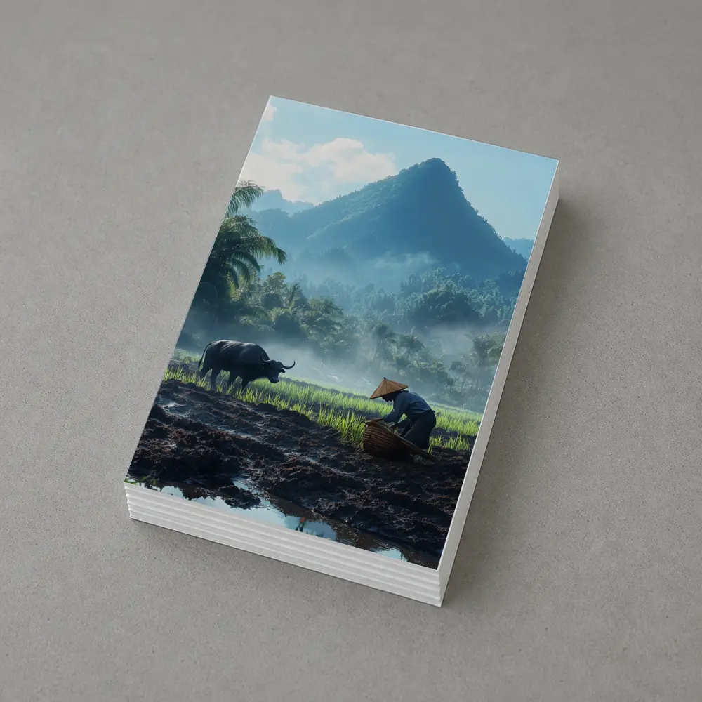 Farmer Working Rice Field Mountain Background – Postcards
