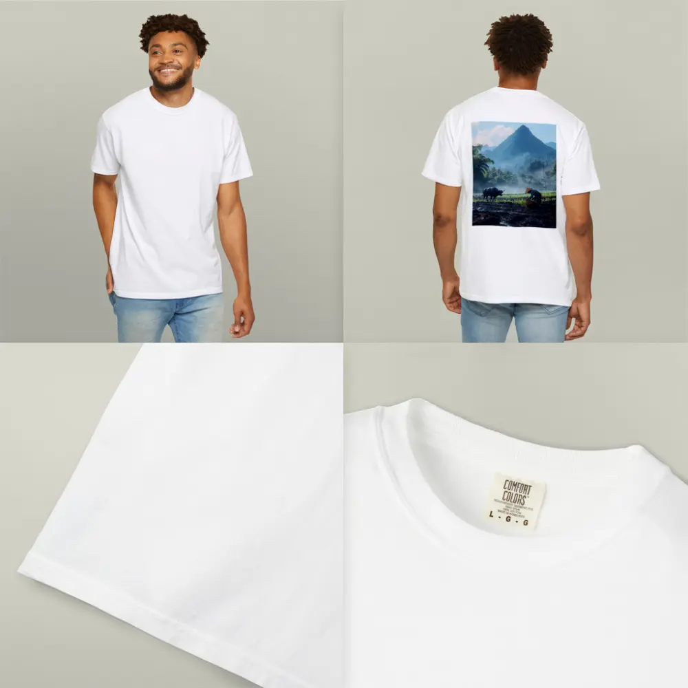 Farmer Working Rice Field Mountain Background – T-Shirts
