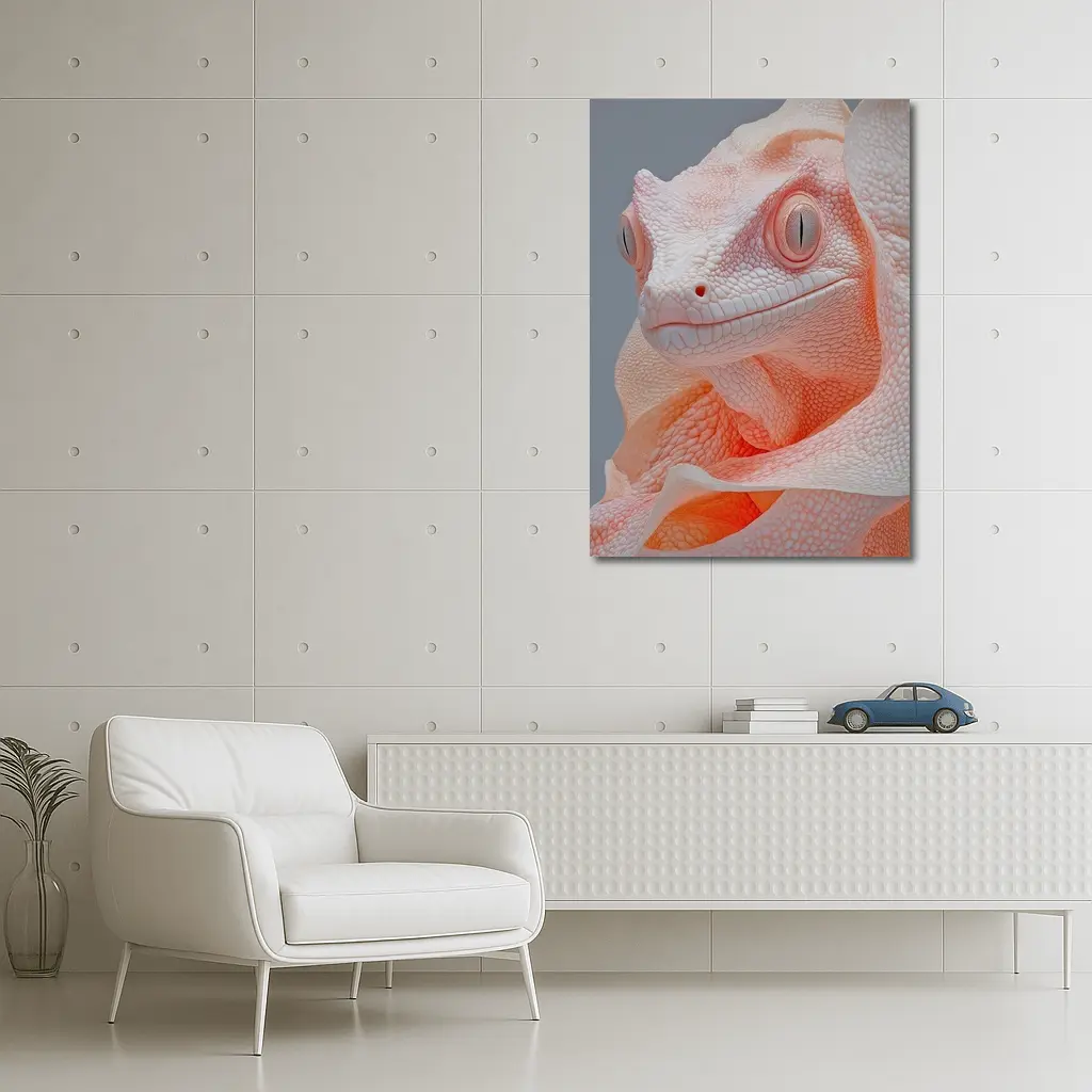 Albino Chameleon Close Up Peach Gray Background – Wall Art