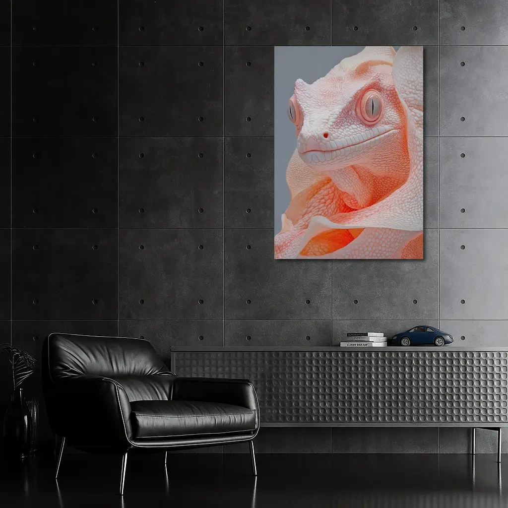 Albino Chameleon Close Up Peach Gray Background – Wall Art