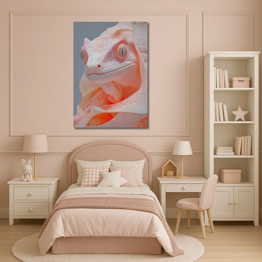 Albino Chameleon Close Up Peach Gray Background – Wall Art