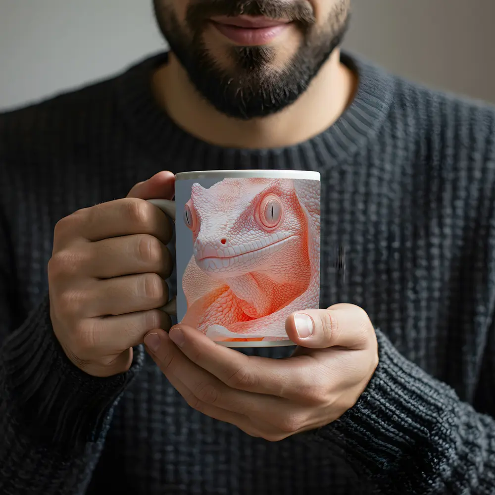 Albino Chameleon Close Up Peach Gray Background – Mugs