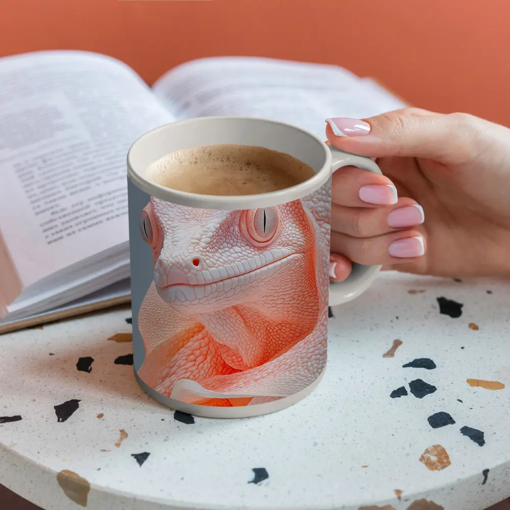 Albino Chameleon Close Up Peach Gray Background – Mugs