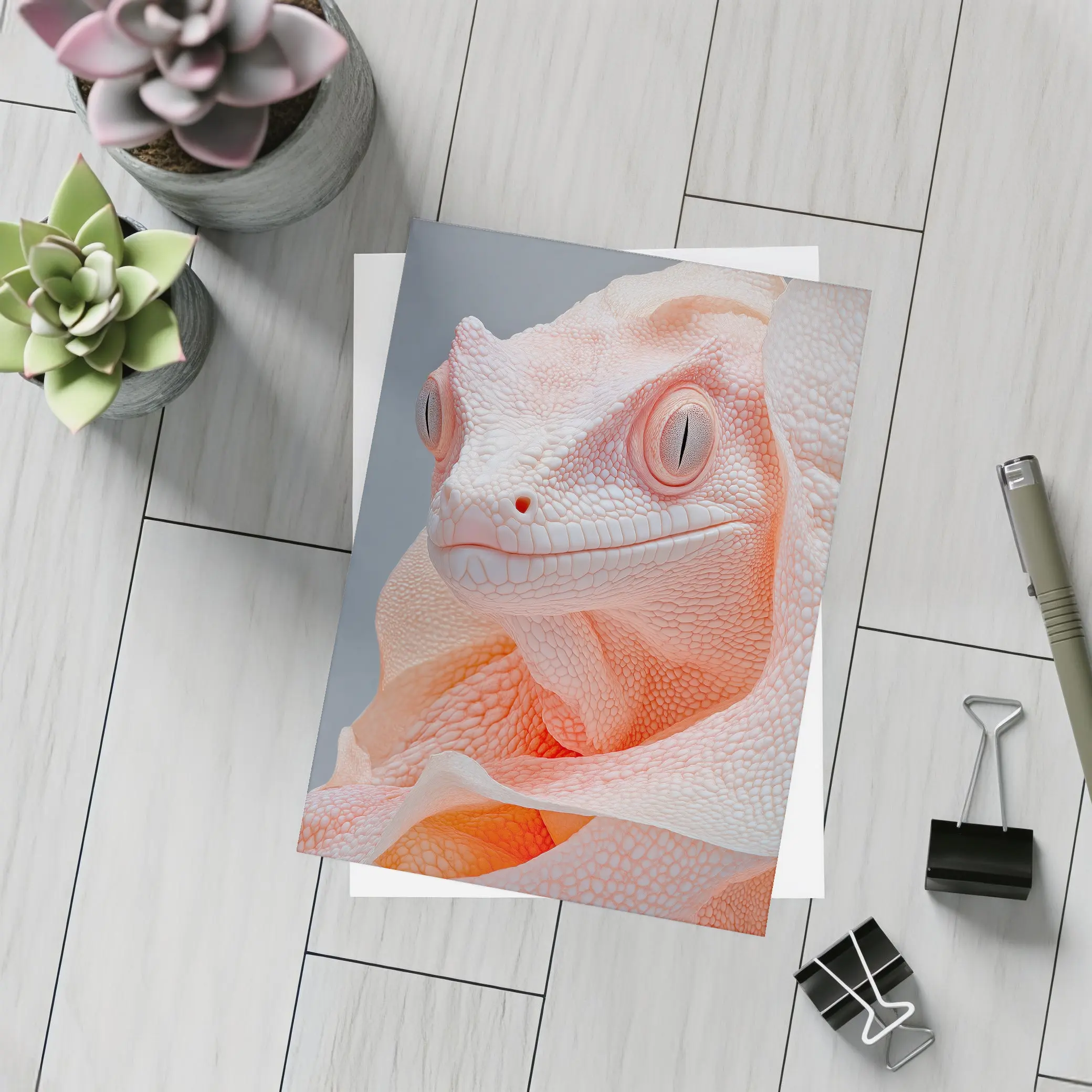 Albino Chameleon Close Up Peach Gray Background – Postcards