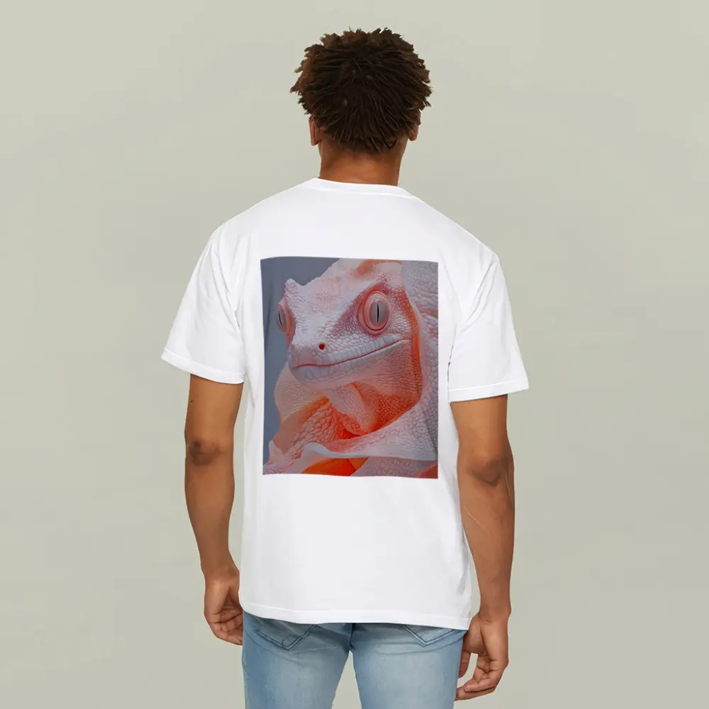 Albino Chameleon Close Up Peach Gray Background – T-Shirts