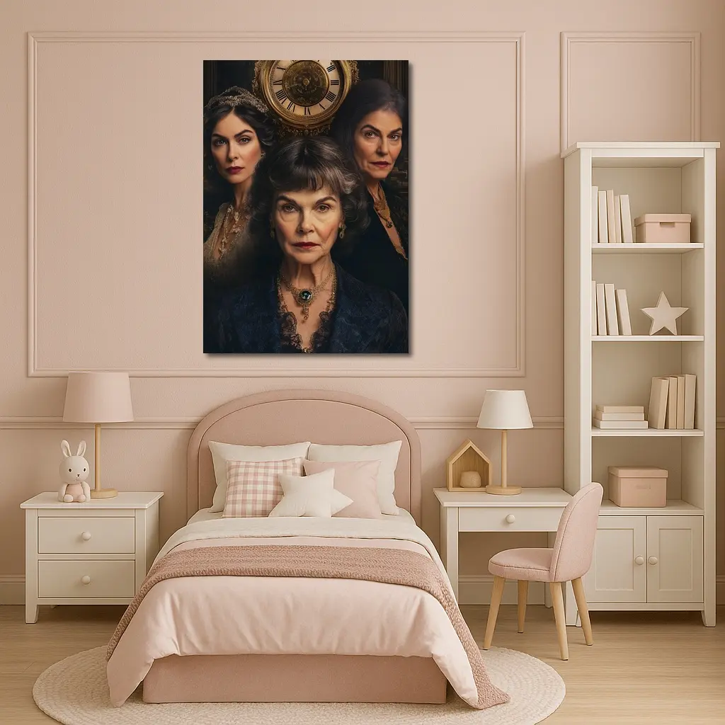 Three Women Portrait Antique Clock Dark Background – Wall Art