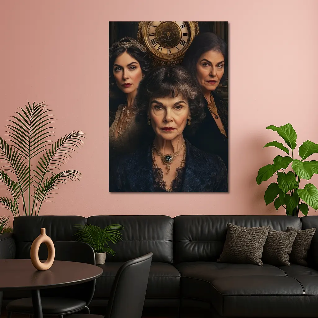 Three Women Portrait Antique Clock Dark Background – Wall Art