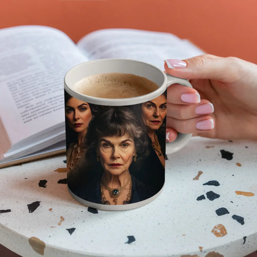 Three Women Portrait Antique Clock Dark Background – Mugs