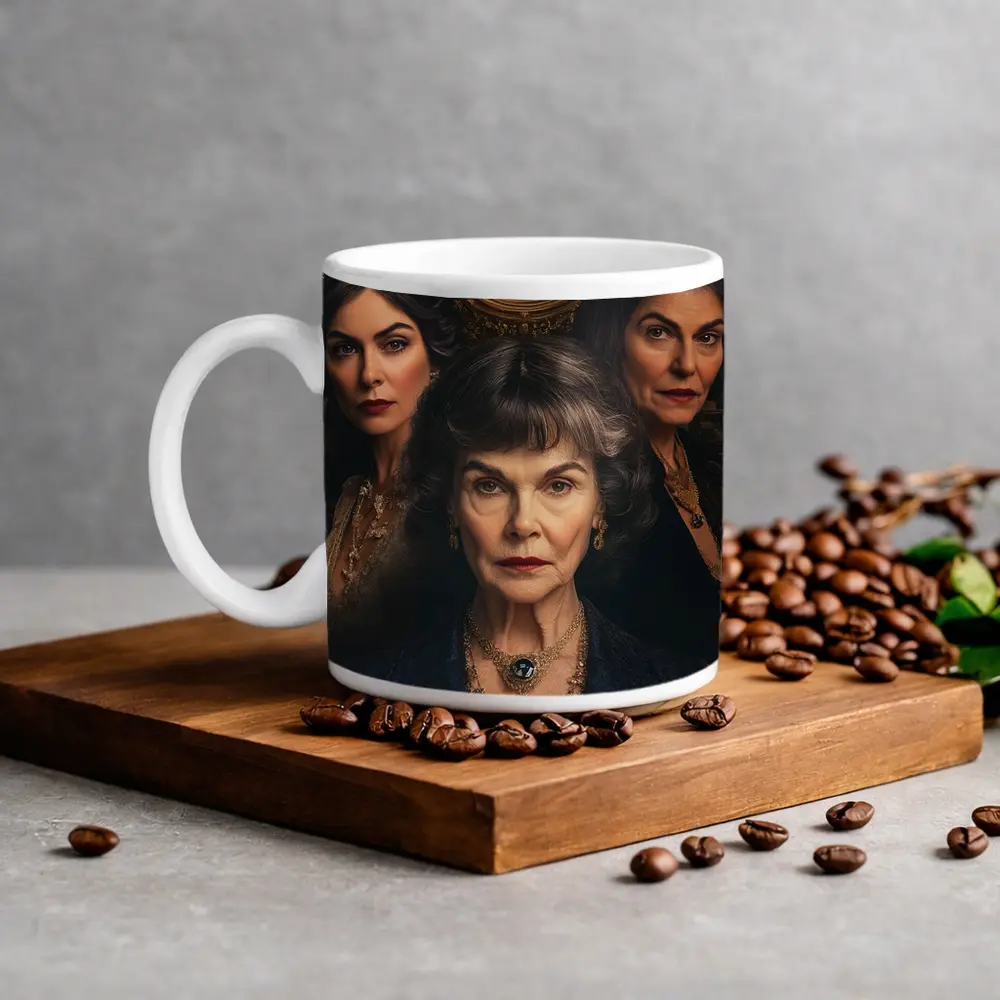 Three Women Portrait Antique Clock Dark Background – Mugs