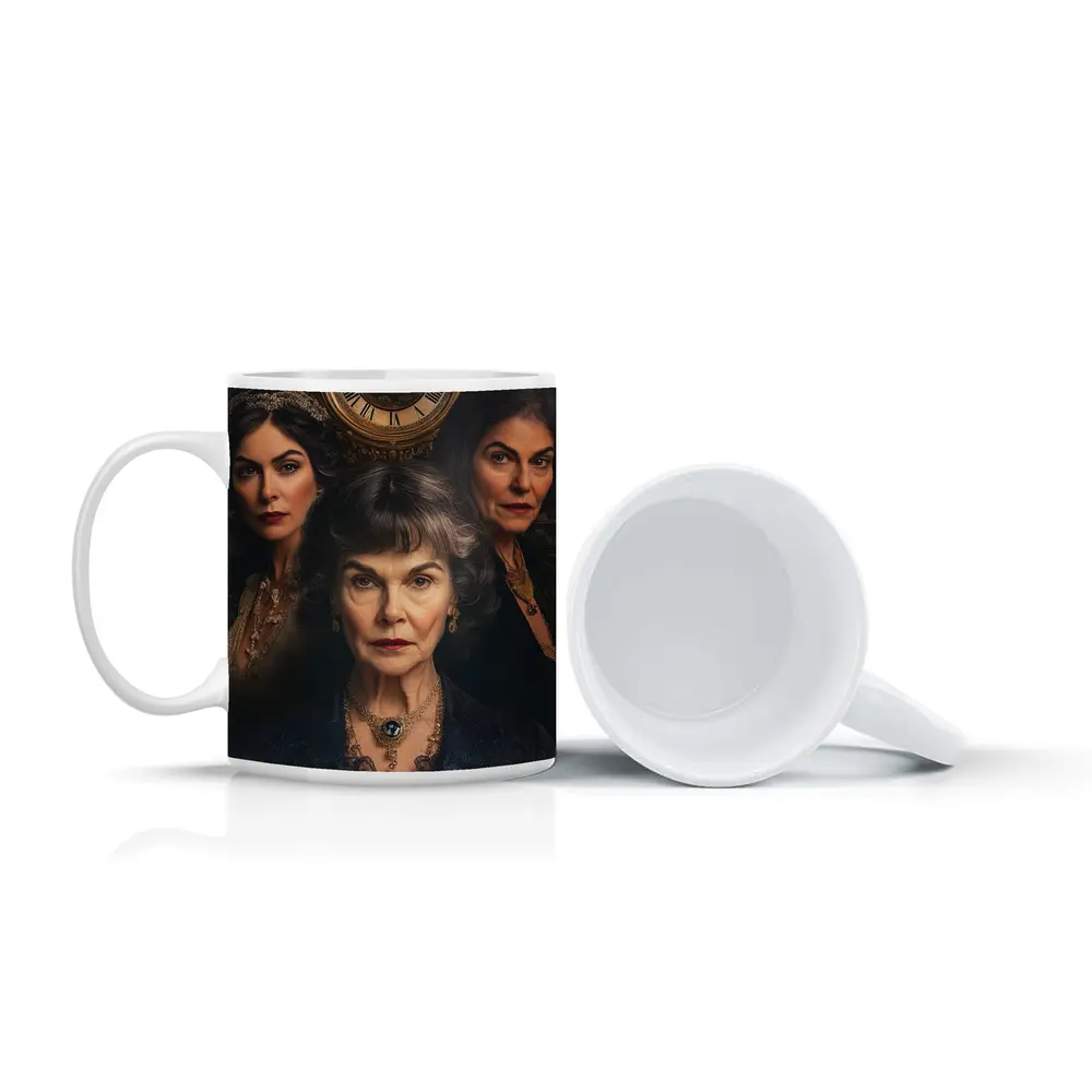 Three Women Portrait Antique Clock Dark Background – Mugs
