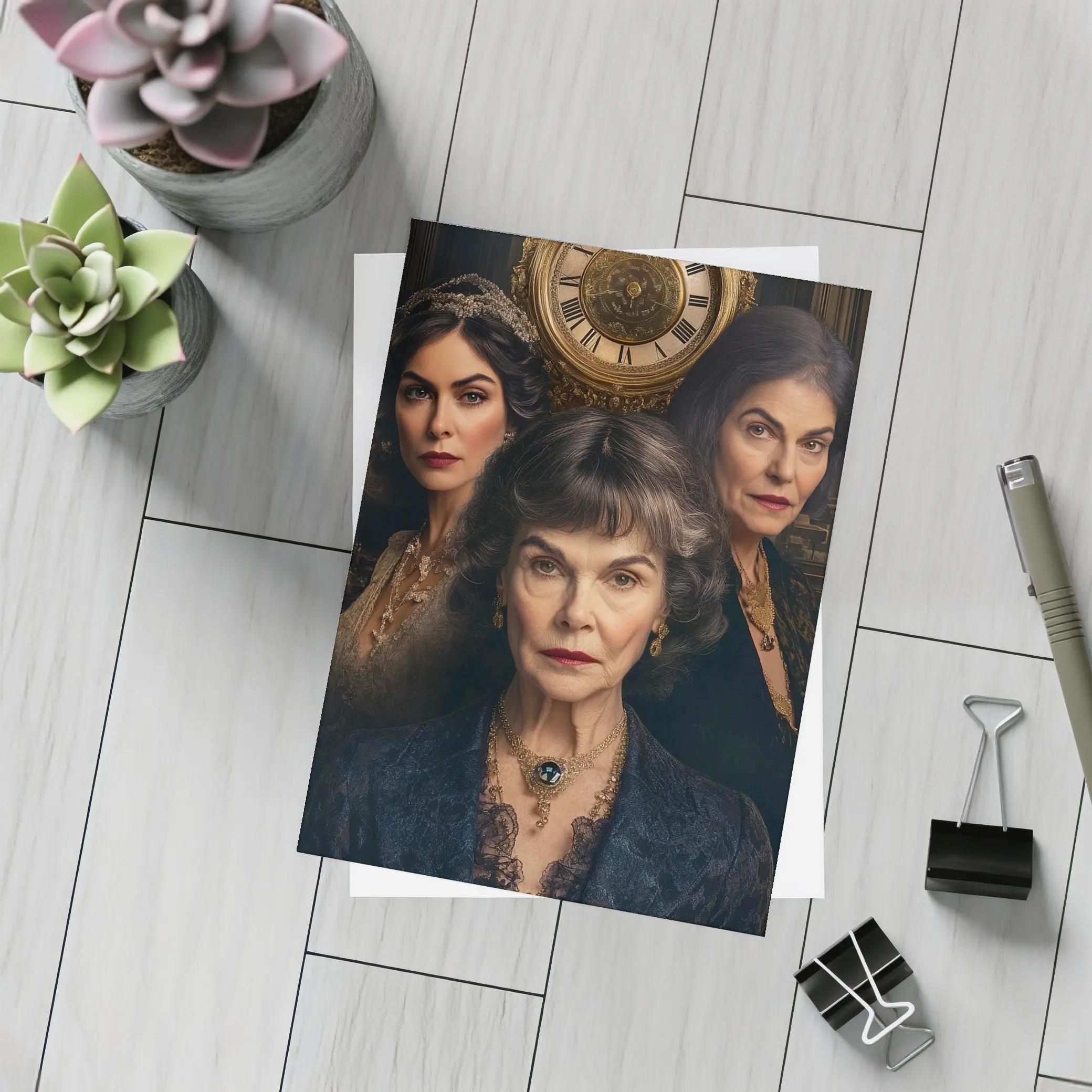 Three Women Portrait Antique Clock Dark Background – Postcards