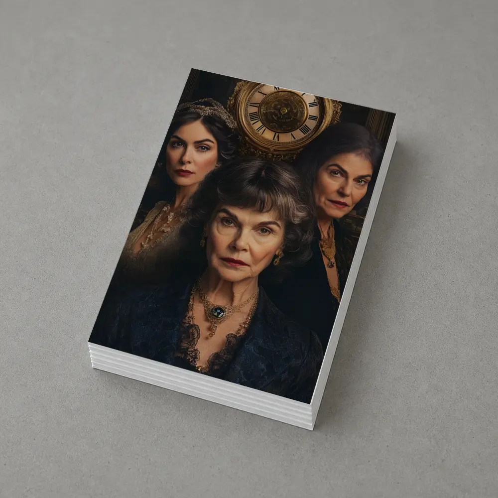 Three Women Portrait Antique Clock Dark Background – Postcards