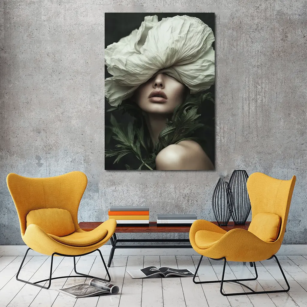 Woman White Poppy Flower Dark Background – Wall Art