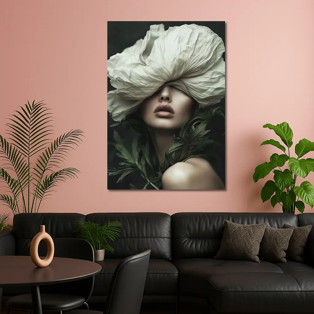 Woman White Poppy Flower Dark Background – Wall Art