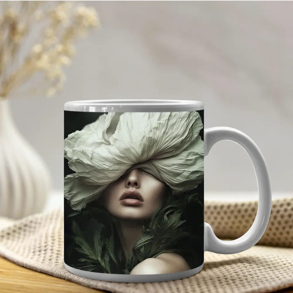Woman White Poppy Flower Dark Background – Mugs