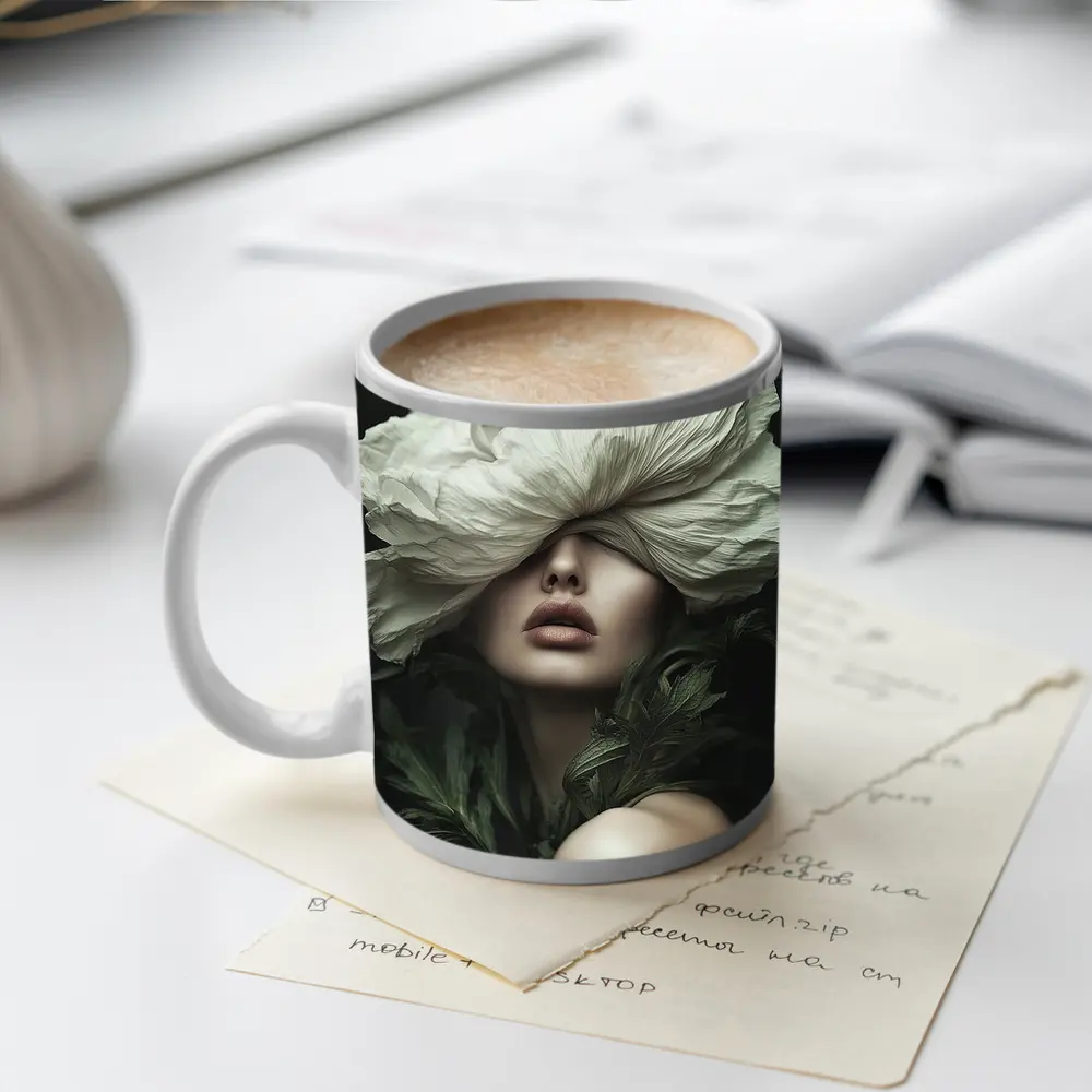 Woman White Poppy Flower Dark Background – Mugs